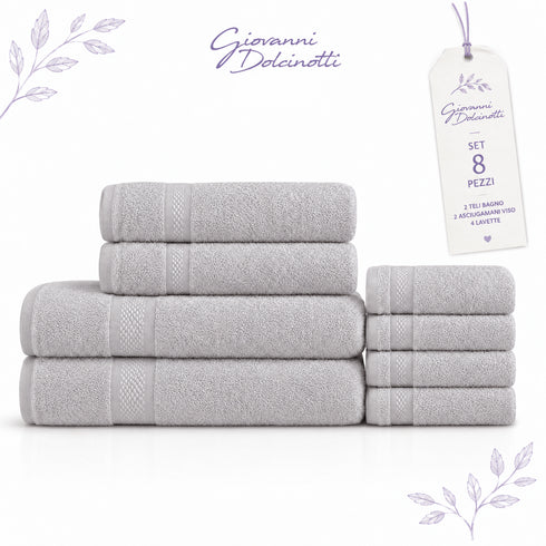 Set 8 Asciugamani Premium 100% Cotone - 2 Teli Bagno, 2 Asciugamani Viso e 4 Lavette - per Casa, Ospiti e B&B