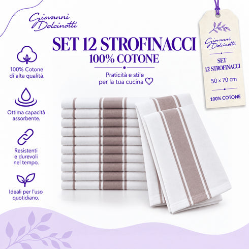 Set 12 Strofinacci Cucina 50x70 cm 100% Cotone - Assorbenti, Morbidi e Resistenti - per Piatti e Stoviglie, Casa e Ristorazione