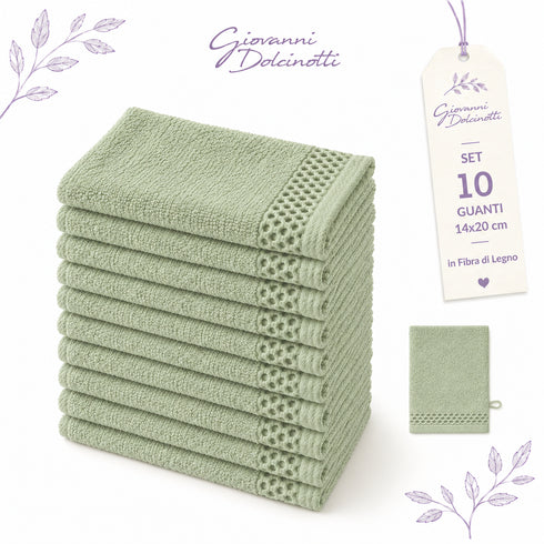 Set 10 Guanti Bagno 14x20 cm - 60% Bamboo e 40% Cotone - con Bordura Decorativa - per Detersione Viso, Corpo e Skincare