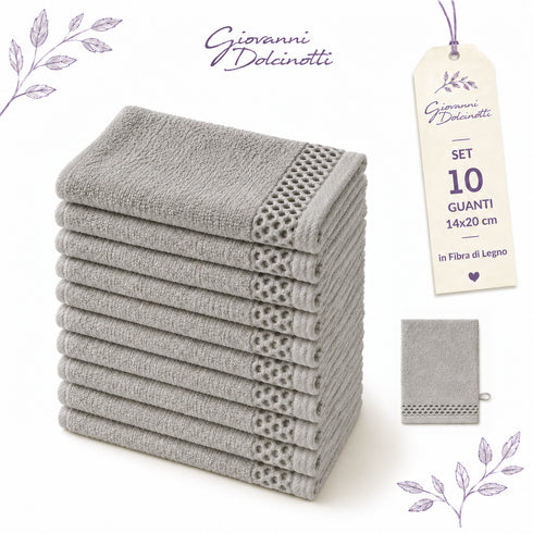 Set 10 Guanti Bagno 14x20 cm - 60% Bamboo e 40% Cotone - con Bordura Decorativa - per Detersione Viso, Corpo e Skincare
