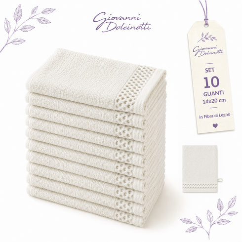 Set 10 Guanti Bagno 14x20 cm - 60% Bamboo e 40% Cotone - con Bordura Decorativa - per Detersione Viso, Corpo e Skincare