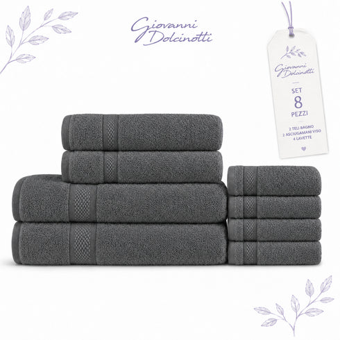 Set 8 Asciugamani Premium 100% Cotone - 2 Teli Bagno, 2 Asciugamani Viso e 4 Lavette - per Casa, Ospiti e B&B