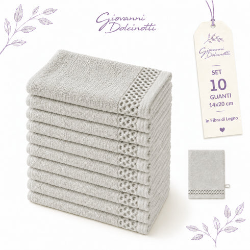 Set 10 Guanti Bagno 14x20 cm - 60% Bamboo e 40% Cotone - con Bordura Decorativa - per Detersione Viso, Corpo e Skincare