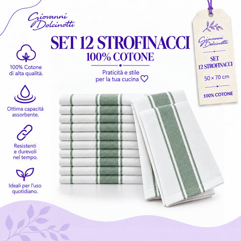 Set 12 Strofinacci Cucina 50x70 cm 100% Cotone - Assorbenti, Morbidi e Resistenti - per Piatti e Stoviglie, Casa e Ristorazione