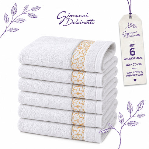 Set 6 Asciugamani Premium Elite 40x70 cm 100% Cotone - con Bordura Jacquard - per Bagno, Palestra e Viaggio
