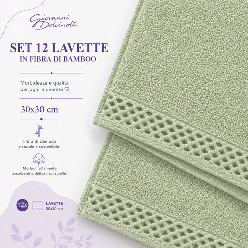 Set 12 Asciugamani Lavette 30x30 cm - 60% Bamboo e 40% Cotone - con Bordura Decorativa - per Viso, Skincare e Viaggio