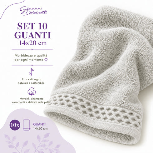 Set 10 Guanti Bagno 14x20 cm - 60% Bamboo e 40% Cotone - con Bordura Decorativa - per Detersione Viso, Corpo e Skincare