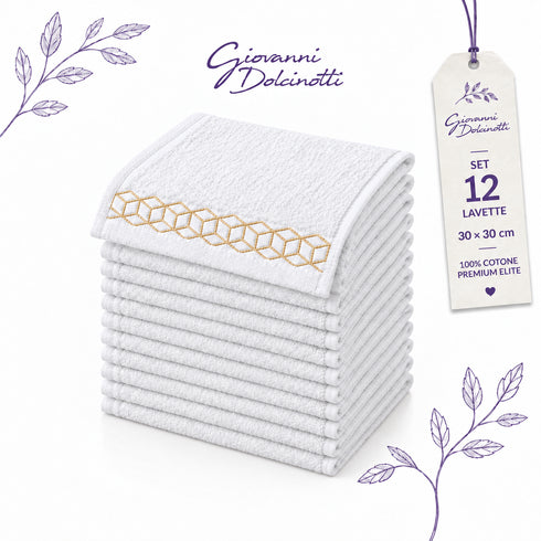 Set 12 Asciugamani Lavette Premium Elite 30x30 cm 100% Cotone - con Bordura Jacquard - per Viso, Mani, Ospiti e SPA