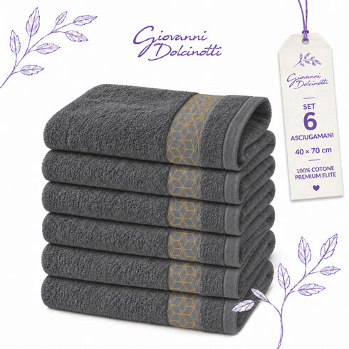 Set 6 Asciugamani Premium Elite 40x70 cm 100% Cotone - con Bordura Jacquard - per Bagno, Palestra e Viaggio