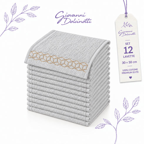 Set 12 Asciugamani Lavette Premium Elite 30x30 cm 100% Cotone - con Bordura Jacquard - per Viso, Mani, Ospiti e SPA