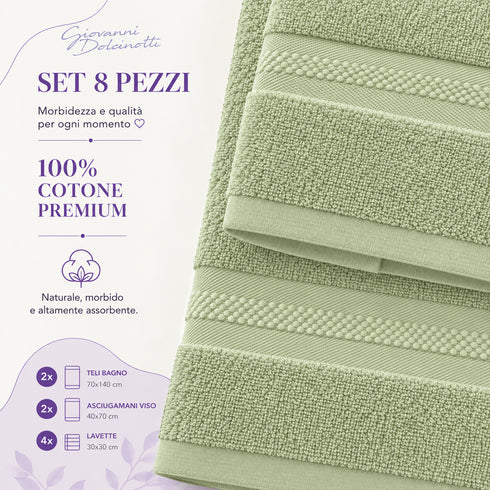Set 8 Asciugamani Premium 100% Cotone - 2 Teli Bagno, 2 Asciugamani Viso e 4 Lavette - per Casa, Ospiti e B&B