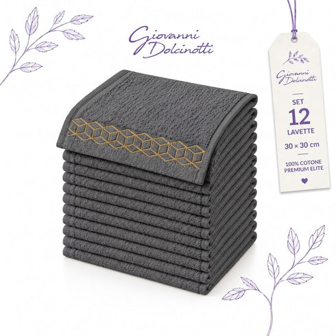 Set 12 Asciugamani Lavette Premium Elite 30x30 cm 100% Cotone - con Bordura Jacquard - per Viso, Mani, Ospiti e SPA