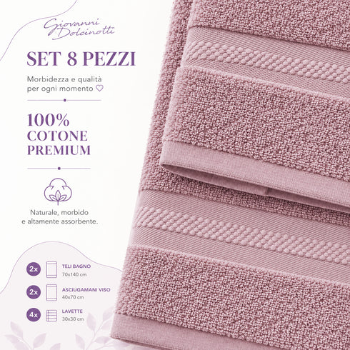 Set 8 Asciugamani Premium 100% Cotone - 2 Teli Bagno, 2 Asciugamani Viso e 4 Lavette - per Casa, Ospiti e B&B