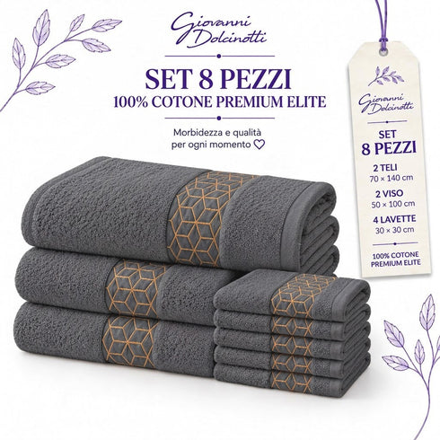Set 8 Asciugamani Premium Elite 100% Cotone - 2 Teli Bagno, 2 Asciugamani Viso e 4 Lavette - per Casa, SPA e Ospiti
