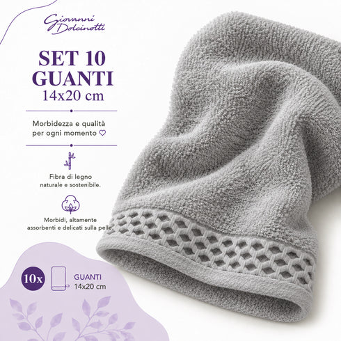 Set 10 Guanti Bagno 14x20 cm - 60% Bamboo e 40% Cotone - con Bordura Decorativa - per Detersione Viso, Corpo e Skincare