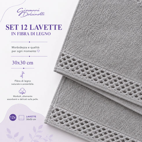 Set 12 Asciugamani Lavette 30x30 cm - 60% Bamboo e 40% Cotone - con Bordura Decorativa - per Viso, Skincare e Viaggio