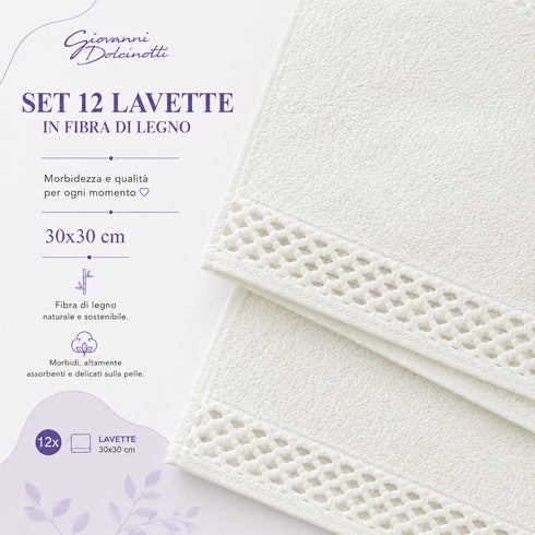 Set 12 Asciugamani Lavette 30x30 cm - 60% Bamboo e 40% Cotone - con Bordura Decorativa - per Viso, Skincare e Viaggio