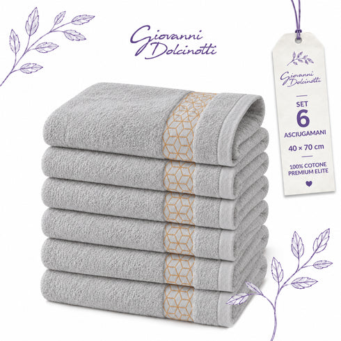 Set 6 Asciugamani Premium Elite 40x70 cm 100% Cotone - con Bordura Jacquard - per Bagno, Palestra e Viaggio
