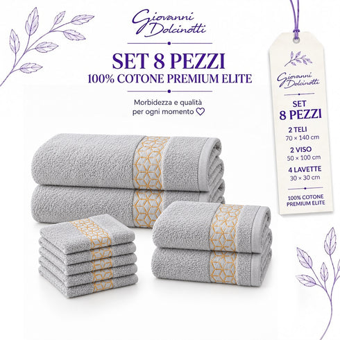 Set 8 Asciugamani Premium Elite 100% Cotone - 2 Teli Bagno, 2 Asciugamani Viso e 4 Lavette - per Casa, SPA e Ospiti