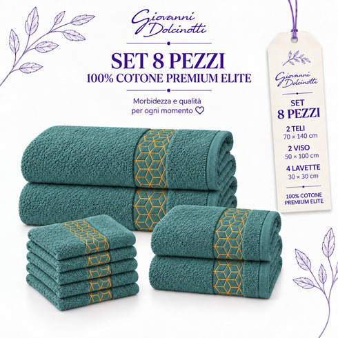 Set 8 Asciugamani Premium Elite 100% Cotone - 2 Teli Bagno, 2 Asciugamani Viso e 4 Lavette - per Casa, SPA e Ospiti