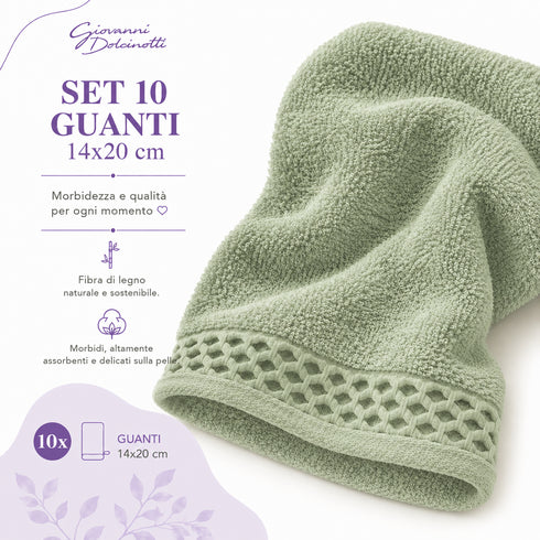 Set 10 Guanti Bagno 14x20 cm - 60% Bamboo e 40% Cotone - con Bordura Decorativa - per Detersione Viso, Corpo e Skincare