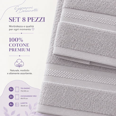 Set 8 Asciugamani Premium 100% Cotone - 2 Teli Bagno, 2 Asciugamani Viso e 4 Lavette - per Casa, Ospiti e B&B