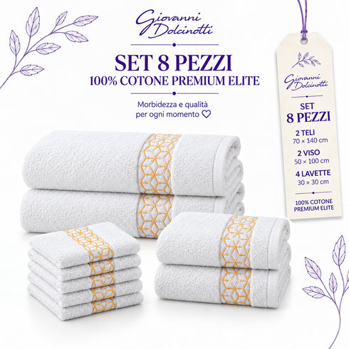 Set 8 Asciugamani Premium Elite 100% Cotone - 2 Teli Bagno, 2 Asciugamani Viso e 4 Lavette - per Casa, SPA e Ospiti