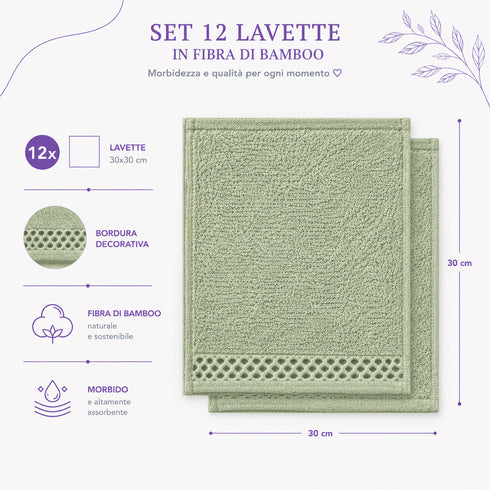 Set 12 Asciugamani Lavette 30x30 cm - 60% Bamboo e 40% Cotone - con Bordura Decorativa - per Viso, Skincare e Viaggio