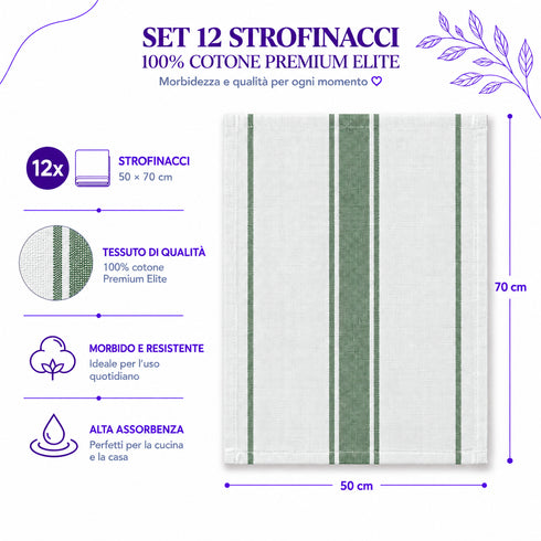 Set 12 Strofinacci Cucina 50x70 cm 100% Cotone - Assorbenti, Morbidi e Resistenti - per Piatti e Stoviglie, Casa e Ristorazione