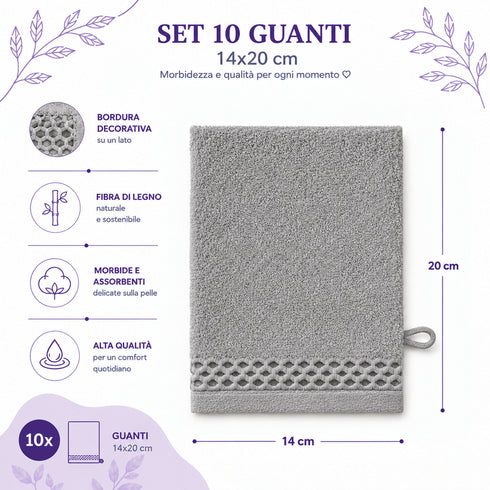 Set 10 Guanti Bagno 14x20 cm - 60% Bamboo e 40% Cotone - con Bordura Decorativa - per Detersione Viso, Corpo e Skincare