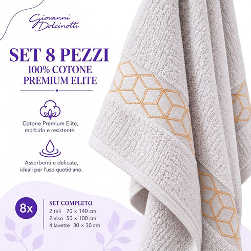 Set 8 Asciugamani Premium Elite 100% Cotone - 2 Teli Bagno, 2 Asciugamani Viso e 4 Lavette - per Casa, SPA e Ospiti