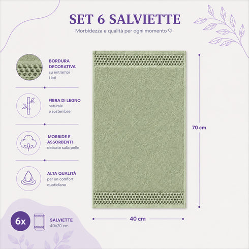 Set 6 Asciugamani 40x70 cm - 60% Bamboo e 40% Cotone - per Bagno, Palestra e Viaggio