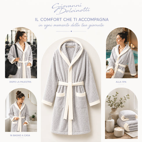 Accappatoio Uomo e Donna Elegante 100% Cotone in Spugna con Finiture a Contrasto - per Casa, SPA e Hotel