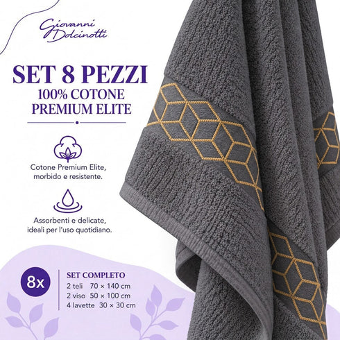 Set 8 Asciugamani Premium Elite 100% Cotone - 2 Teli Bagno, 2 Asciugamani Viso e 4 Lavette - per Casa, SPA e Ospiti