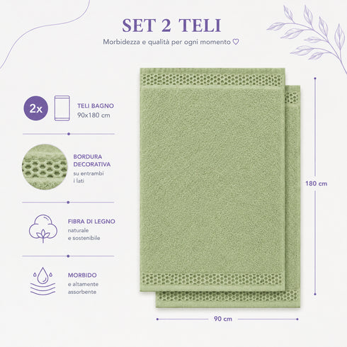 Set 2 Teli Bagno Jumbo 90x180 cm - 60% Bamboo e 40% Cotone - con Bordura Decorativa - per Bagno, SPA e Piscina