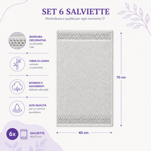 Set 6 Asciugamani 40x70 cm - 60% Bamboo e 40% Cotone - per Bagno, Palestra e Viaggio