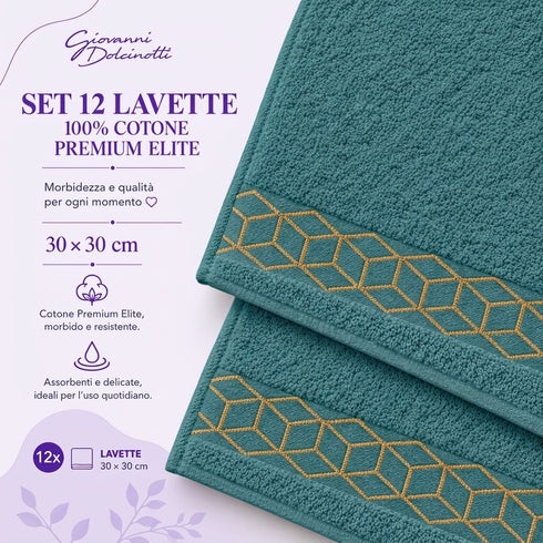 Set 12 Asciugamani Lavette Premium Elite 30x30 cm 100% Cotone - con Bordura Jacquard - per Viso, Mani, Ospiti e SPA