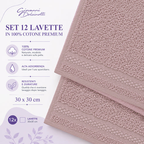 Set 12 Asciugamani Lavette Premium 30x30 cm 100% Cotone - per Viso, Mani, Ospiti e SPA