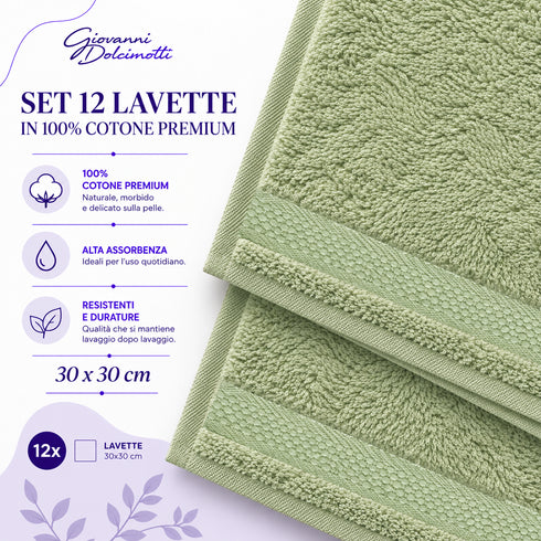 Set 12 Asciugamani Lavette Premium 30x30 cm 100% Cotone - per Viso, Mani, Ospiti e SPA