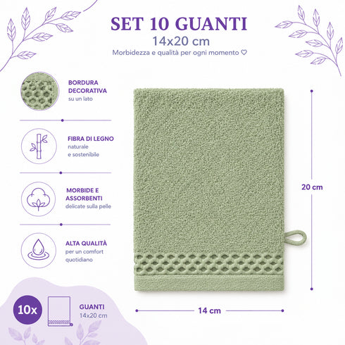 Set 10 Guanti Bagno 14x20 cm - 60% Bamboo e 40% Cotone - con Bordura Decorativa - per Detersione Viso, Corpo e Skincare