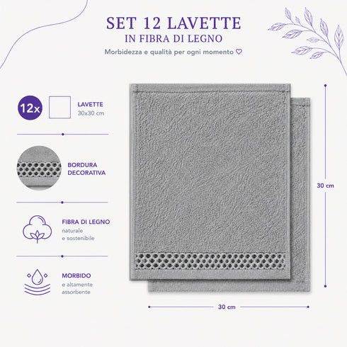 Set 12 Asciugamani Lavette 30x30 cm - 60% Bamboo e 40% Cotone - con Bordura Decorativa - per Viso, Skincare e Viaggio