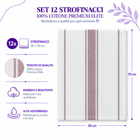 Set 12 Strofinacci Cucina 50x70 cm 100% Cotone - Assorbenti, Morbidi e Resistenti - per Piatti e Stoviglie, Casa e Ristorazione