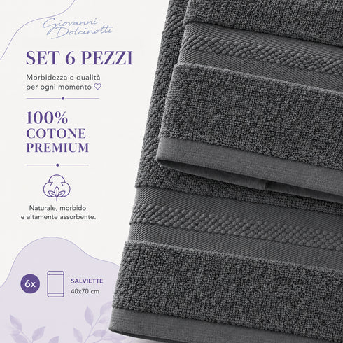 Set 6 Asciugamani Premium 40x70 cm 100% Cotone - con Doppia Bordura - per Bagno, Palestra e Viaggio