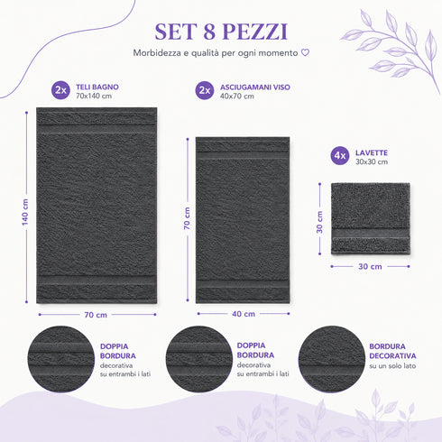 Set 8 Asciugamani Premium 100% Cotone - 2 Teli Bagno, 2 Asciugamani Viso e 4 Lavette - per Casa, Ospiti e B&B