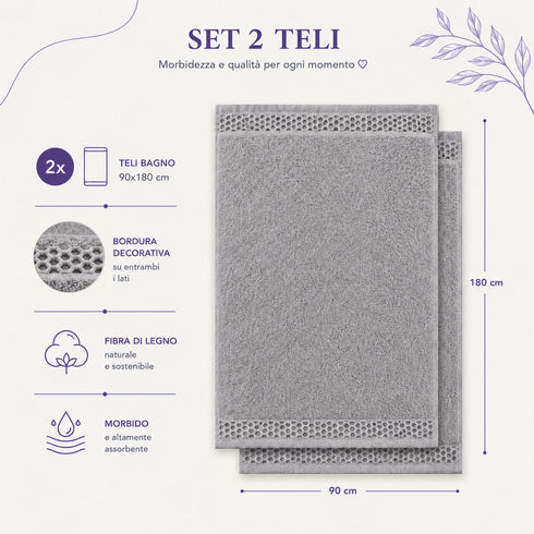 Set 2 Teli Bagno Jumbo 90x180 cm - 60% Bamboo e 40% Cotone - con Bordura Decorativa - per Bagno, SPA e Piscina