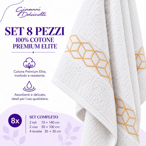Set 8 Asciugamani Premium Elite 100% Cotone - 2 Teli Bagno, 2 Asciugamani Viso e 4 Lavette - per Casa, SPA e Ospiti
