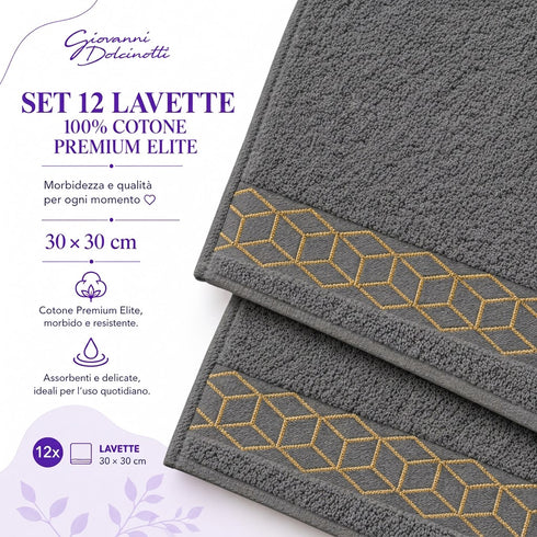 Set 12 Asciugamani Lavette Premium Elite 30x30 cm 100% Cotone - con Bordura Jacquard - per Viso, Mani, Ospiti e SPA