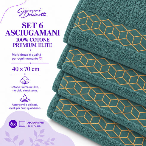 Set 6 Asciugamani Premium Elite 40x70 cm 100% Cotone - con Bordura Jacquard - per Bagno, Palestra e Viaggio