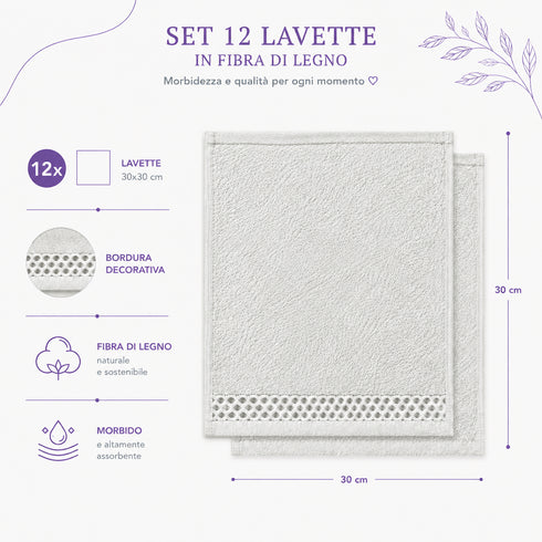 Set 12 Asciugamani Lavette 30x30 cm - 60% Bamboo e 40% Cotone - con Bordura Decorativa - per Viso, Skincare e Viaggio