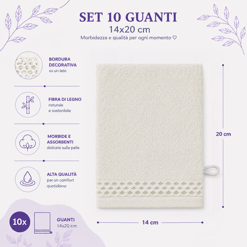 Set 10 Guanti Bagno 14x20 cm - 60% Bamboo e 40% Cotone - con Bordura Decorativa - per Detersione Viso, Corpo e Skincare